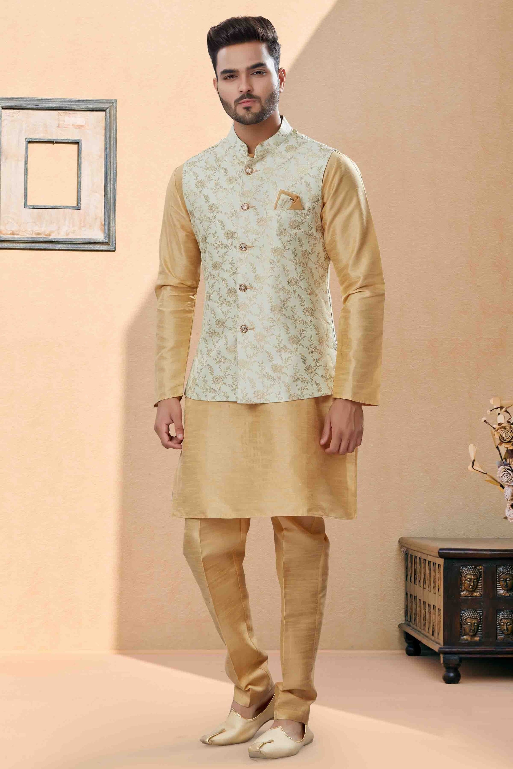 Gold and Cream Colour Kurta Pajama With Jacket In Silk Dupion Fabric KP1040461