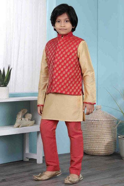 Gold and Red Colour Cotton Silk Kurta Pajama With Jacket BW1070096 A