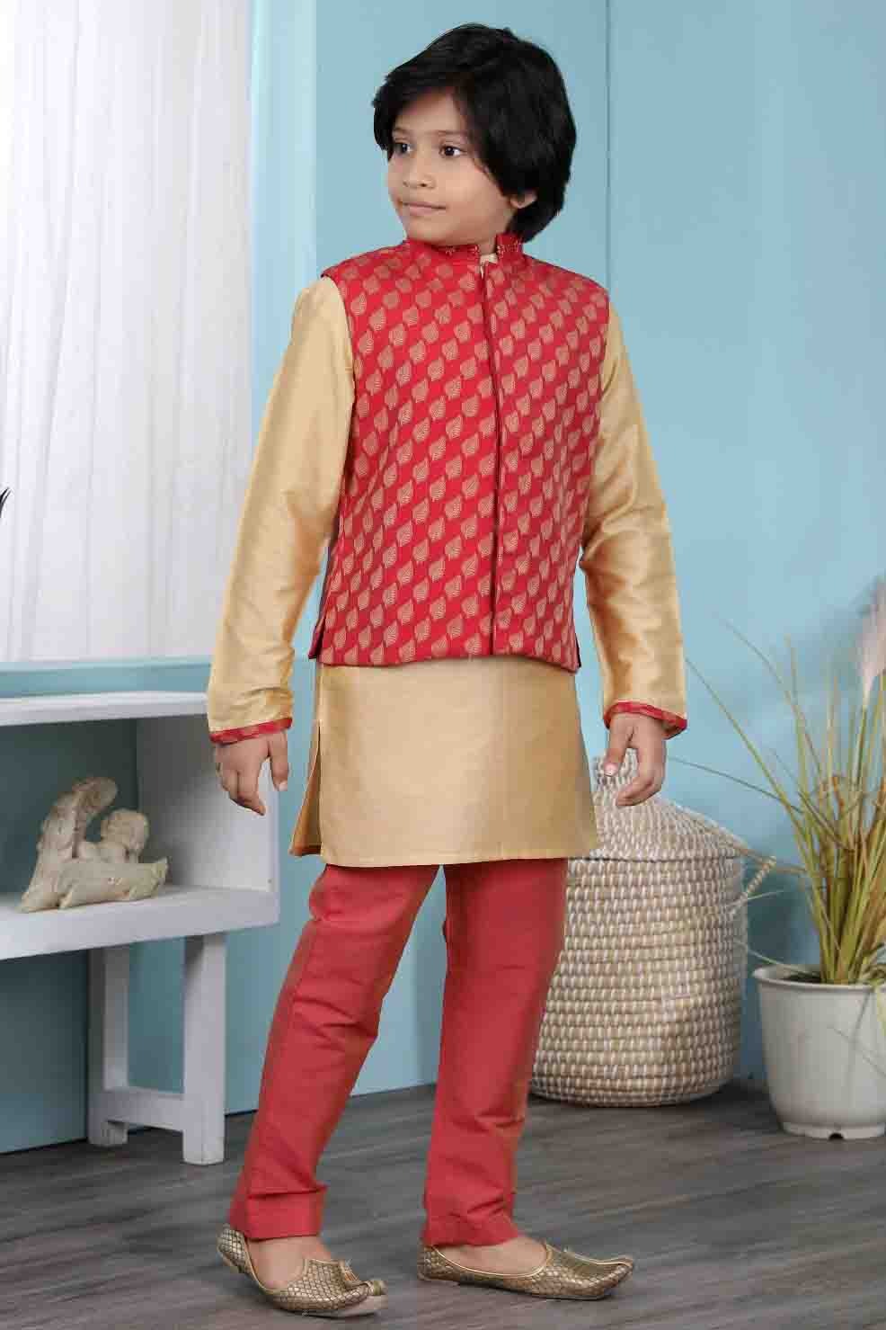 Gold and Red Colour Cotton Silk Kurta Pajama With Jacket BW1070096 B