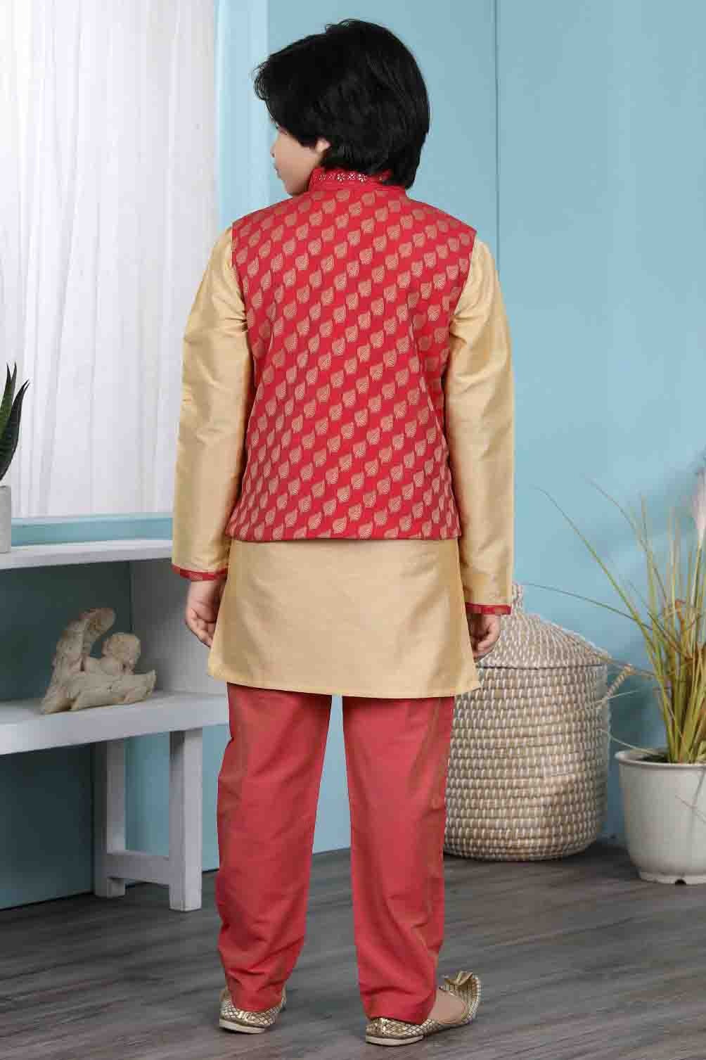 Gold and Red Colour Cotton Silk Kurta Pajama With Jacket BW1070096 C