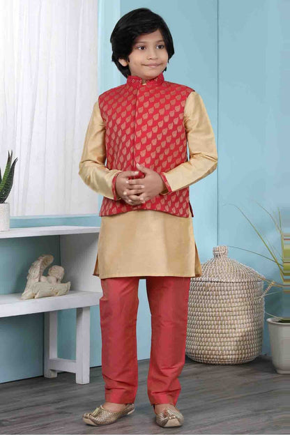 Gold and Red Colour Cotton Silk Kurta Pajama With Jacket BW1070096