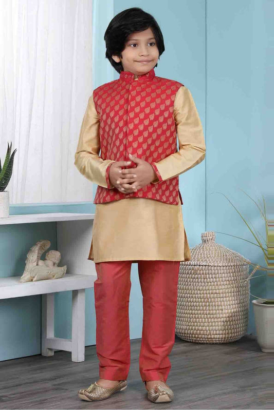 Gold and Red Colour Cotton Silk Kurta Pajama With Jacket BW1070096