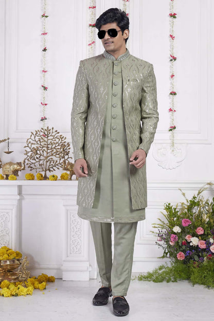 Green Art Silk Embroidery Work 2 Pcs Attech  Jacket Set