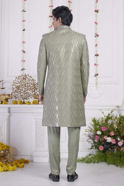 Green Art Silk Embroidery Work 2 Pcs Attech  Jacket Set