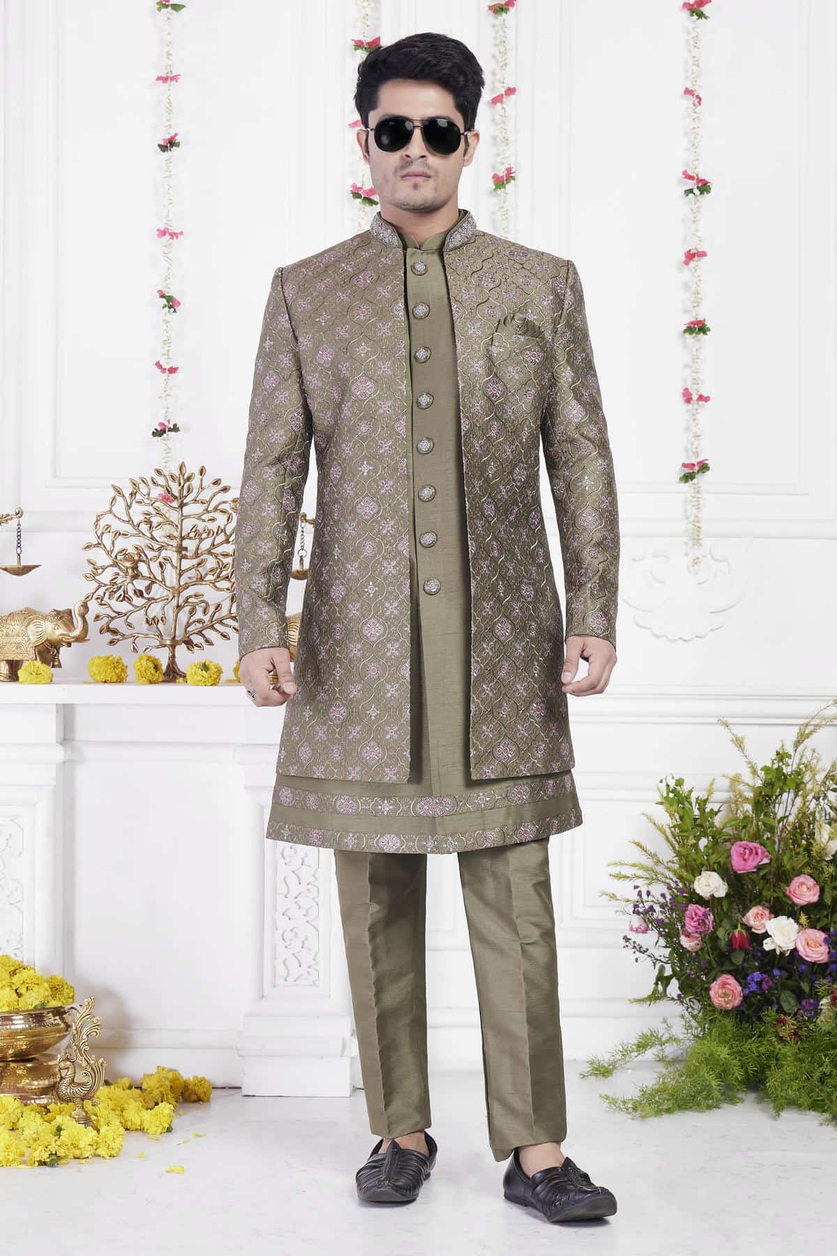 Green Art Silk Embroidery Work 3 Pcs Jacket Set