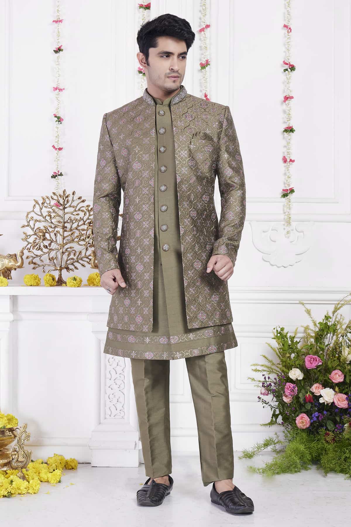 Green Art Silk Embroidery Work 3 Pcs Jacket Set