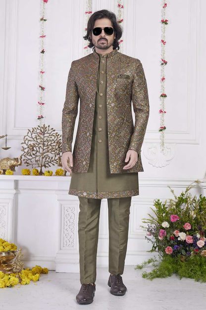 Green Art Silk Embroidery Work 3 Pcs Jacket Set
