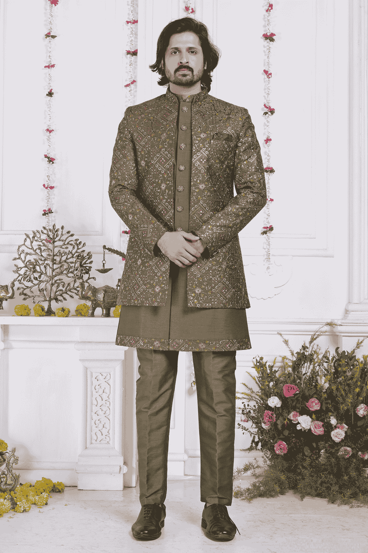 Green Art Silk Embroidery Work 3 Pcs Jacket Set