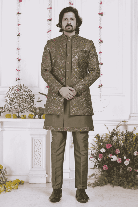 Green Art Silk Embroidery Work 3 Pcs Jacket Set