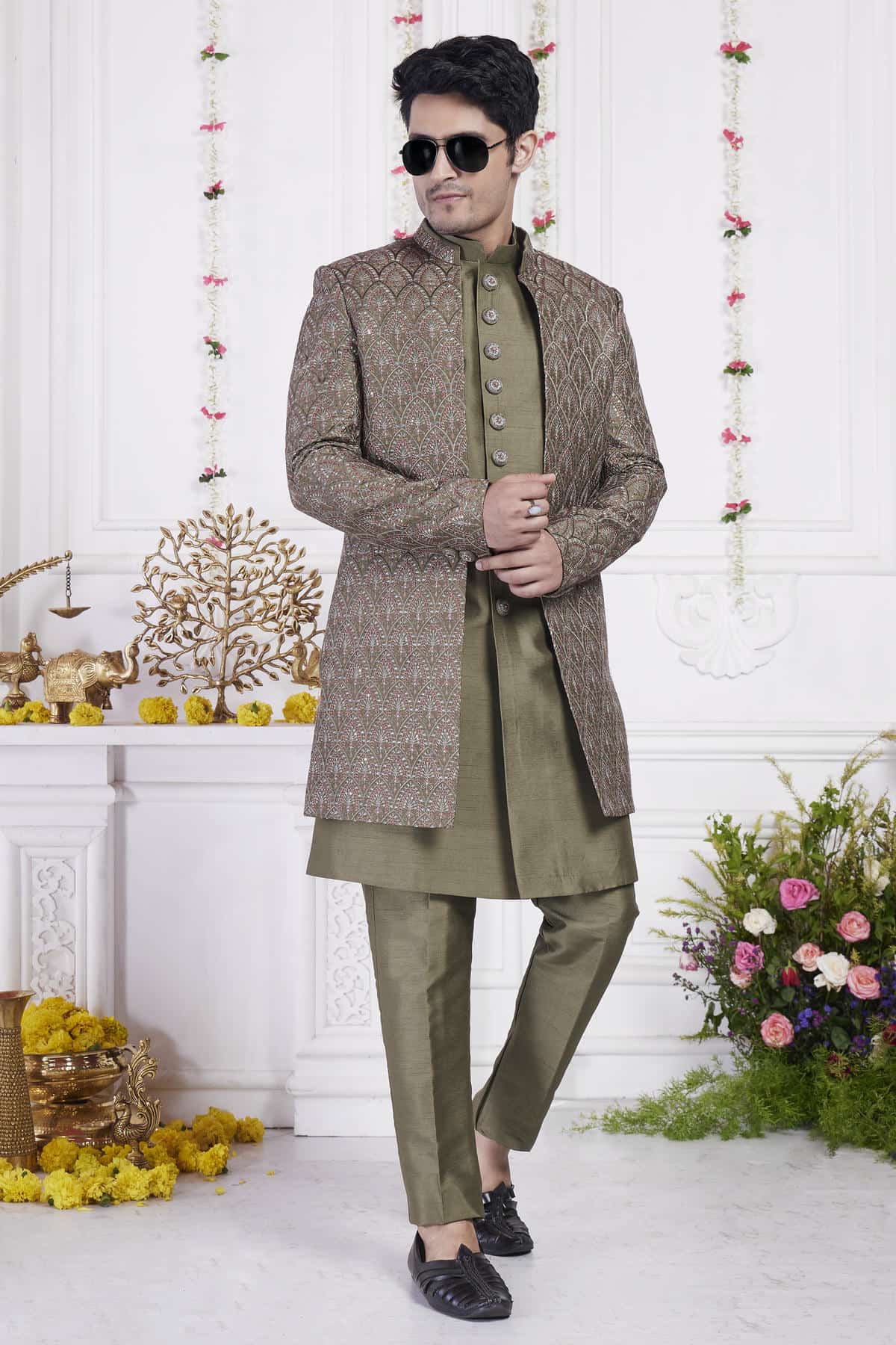 Green Art Silk Embroidery Work 3 Pcs Jacket Set