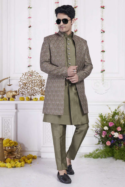 Green Art Silk Embroidery Work 3 Pcs Jacket Set