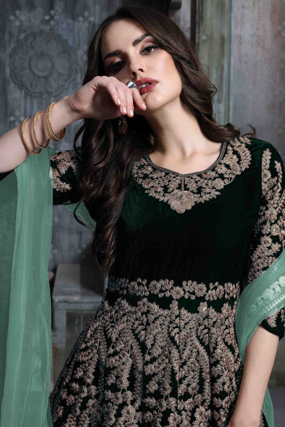 Green Colour 9000 Velvet Semi Stitched Anarkali Suit SM1050270 A