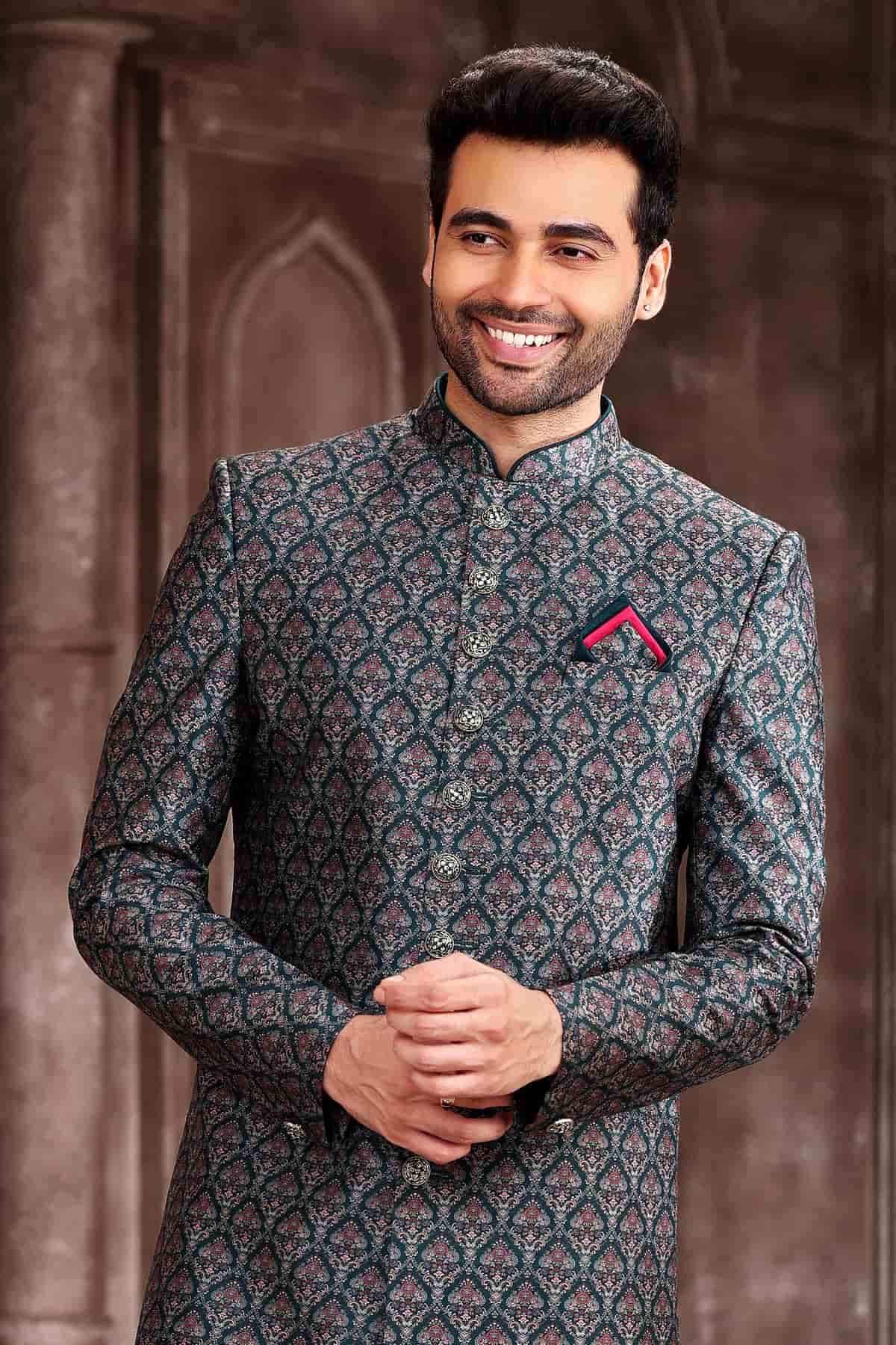 Green Colour Art Silk Digital Printed Work indo western Sherwani