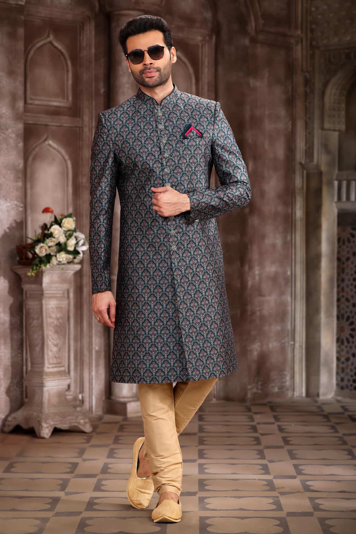 Green Colour Art Silk Digital Printed Work indo western Sherwani