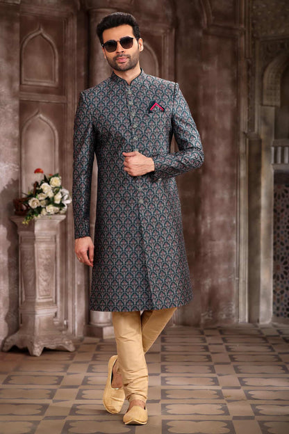 Green Colour Art Silk Digital Printed Work indo western Sherwani