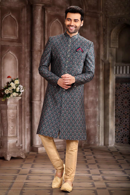 Green Colour Art Silk Digital Printed Work indo western Sherwani