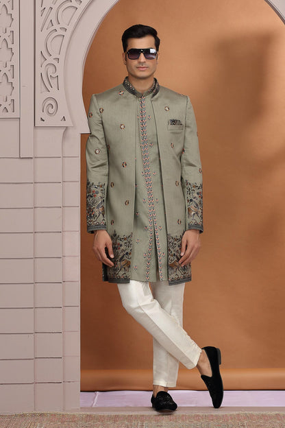 Green Colour Art Silk Embroidery 3 Pcs Indo Western