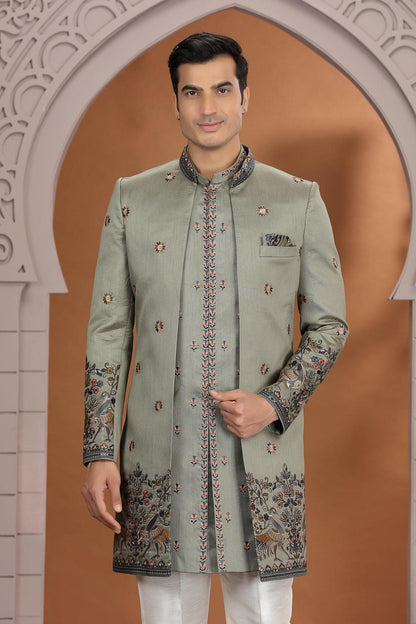 Green Colour Art Silk Embroidery 3 Pcs Indo Western