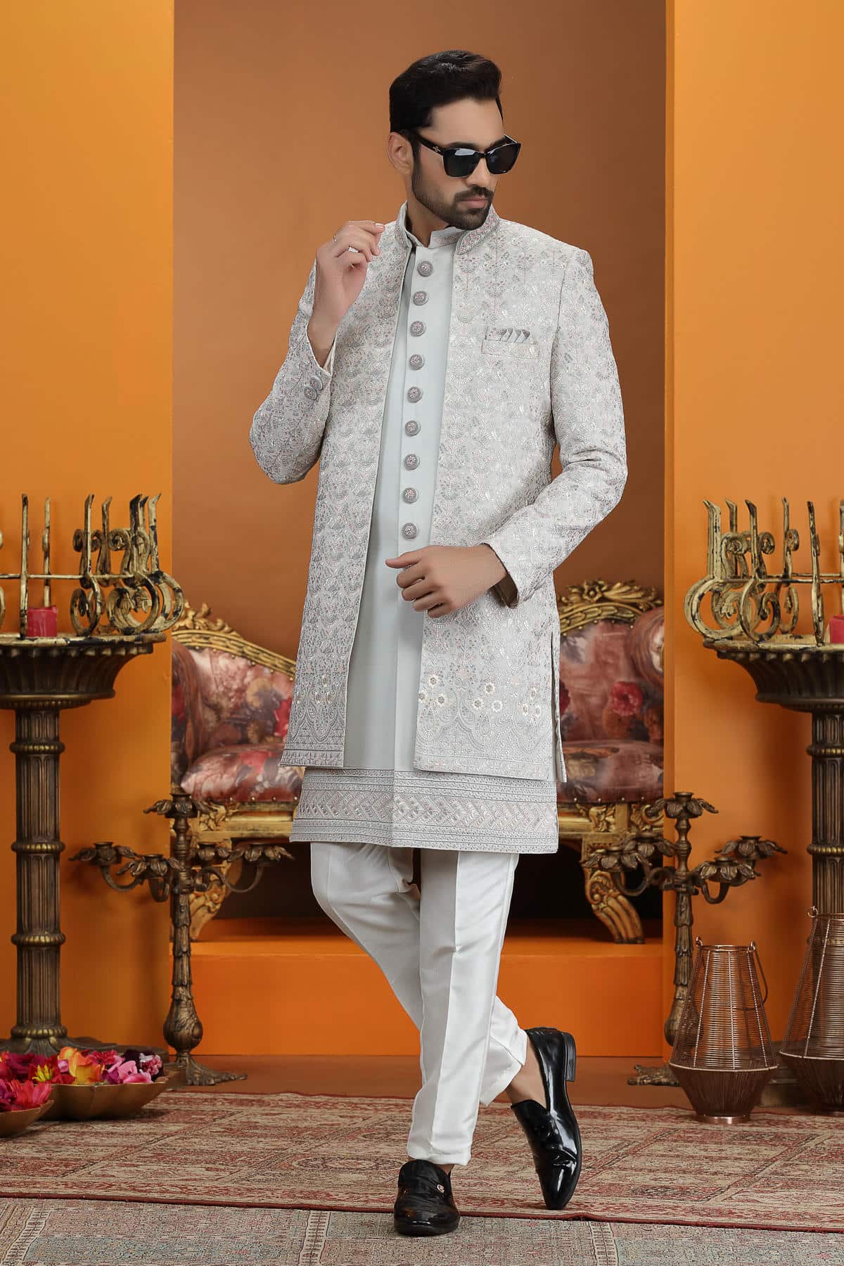 Green Colour Art Silk Embroidery 3 Pcs Jacket Set