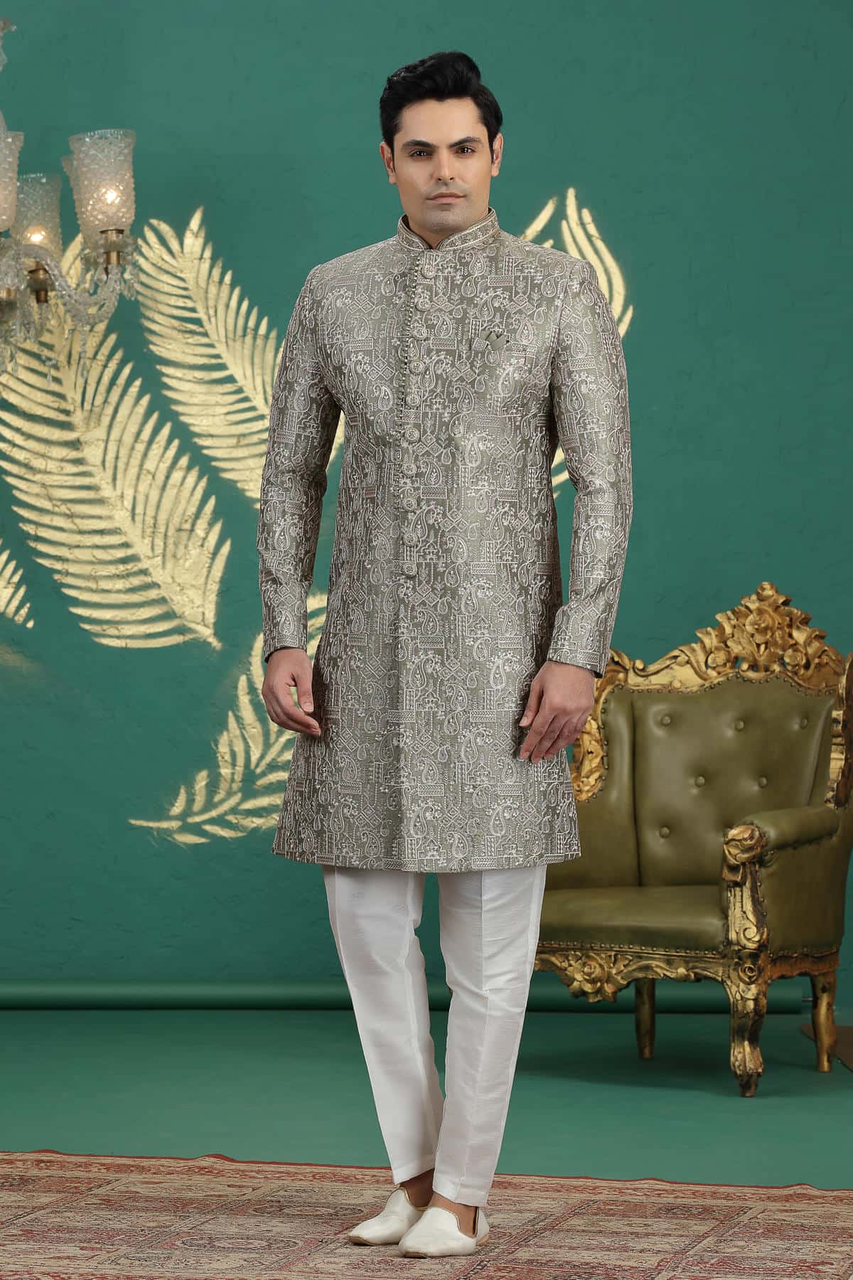 Green Colour Art Silk Embroidery Sherwani