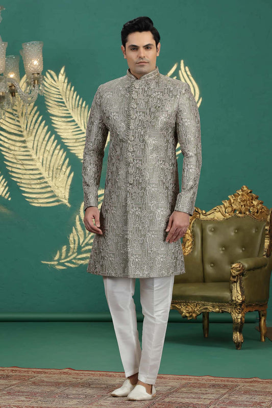 Green Colour Art Silk Embroidery Sherwani