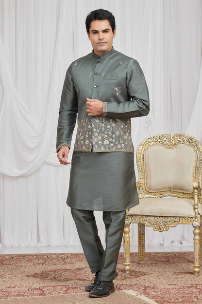 Green Colour Art Silk Embroidery Work 3 Pcs  Kurta Jacket Set KP1230612