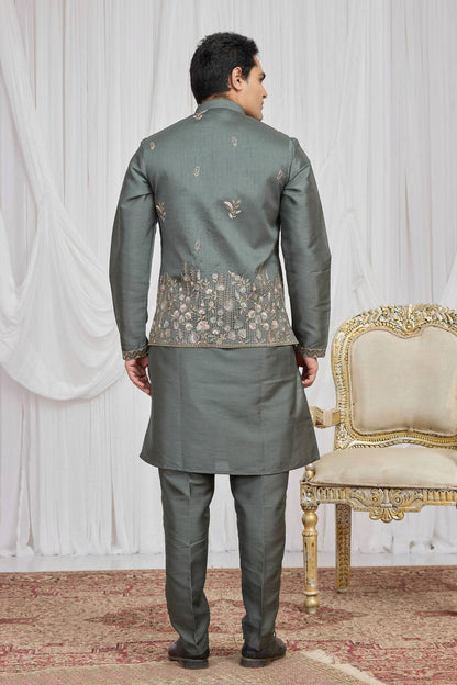 Green Colour Art Silk Embroidery Work 3 Pcs  Kurta Jacket Set KP1230612