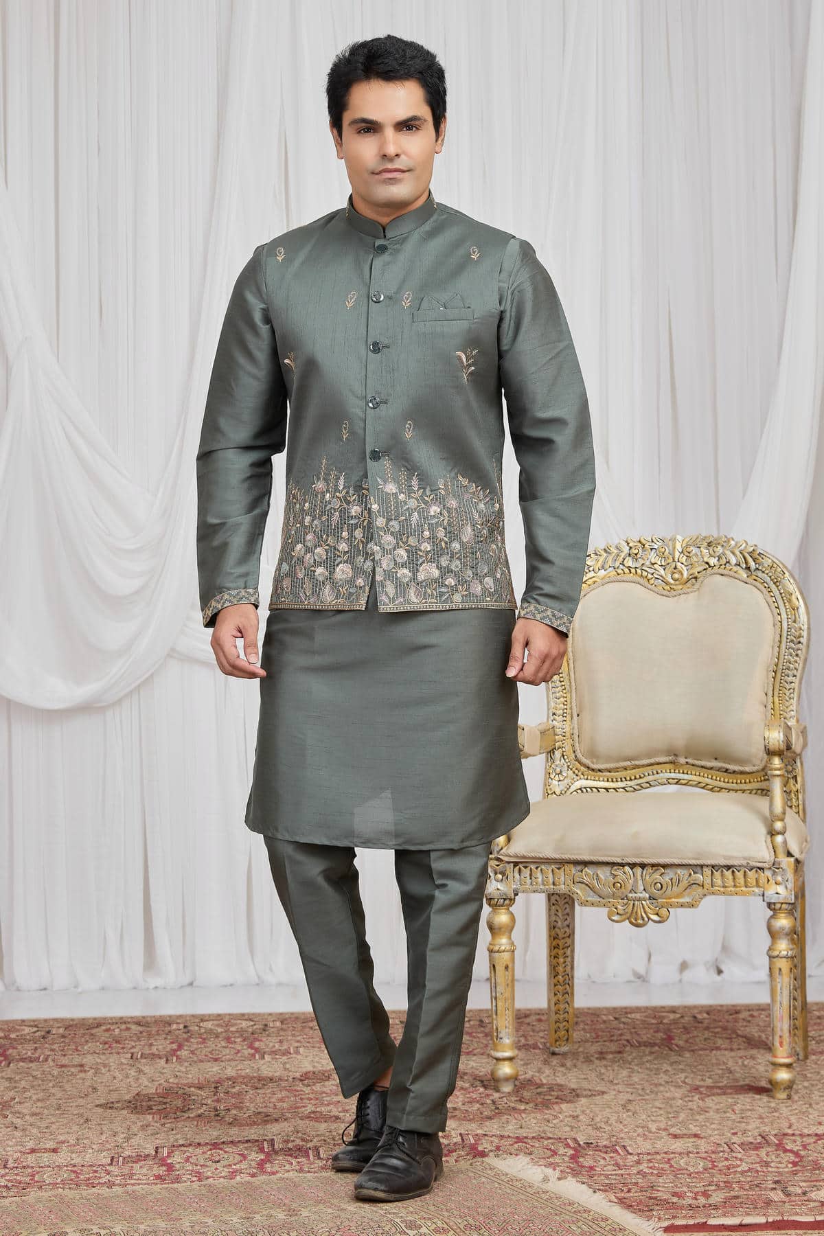 Green Colour Art Silk Embroidery Work 3 Pcs  Kurta Jacket Set KP1230612