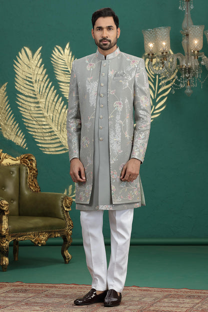 Green Colour Art Silk Embroidery Work 3 Pcs Jacket Set Sherwani