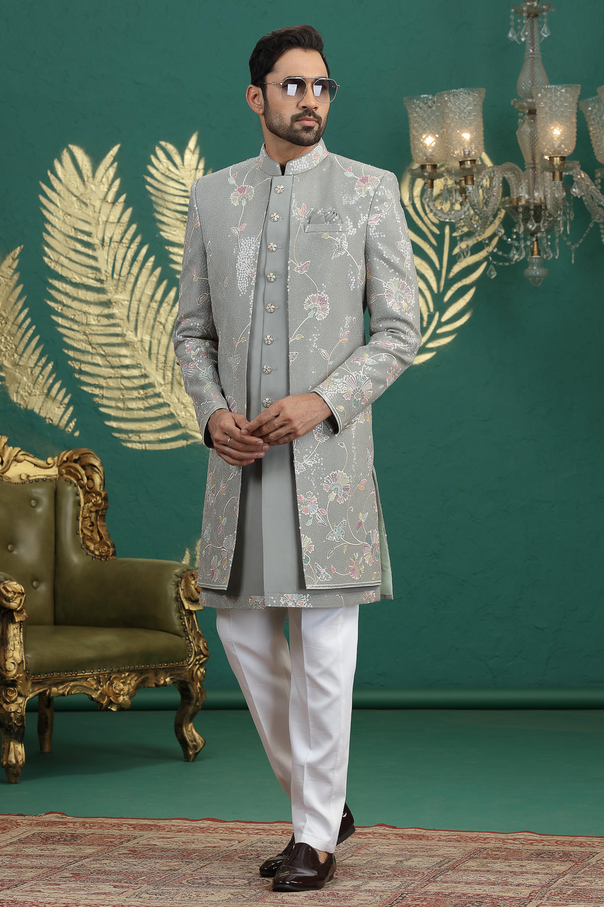 Green Colour Art Silk Embroidery Work 3 Pcs Jacket Set Sherwani