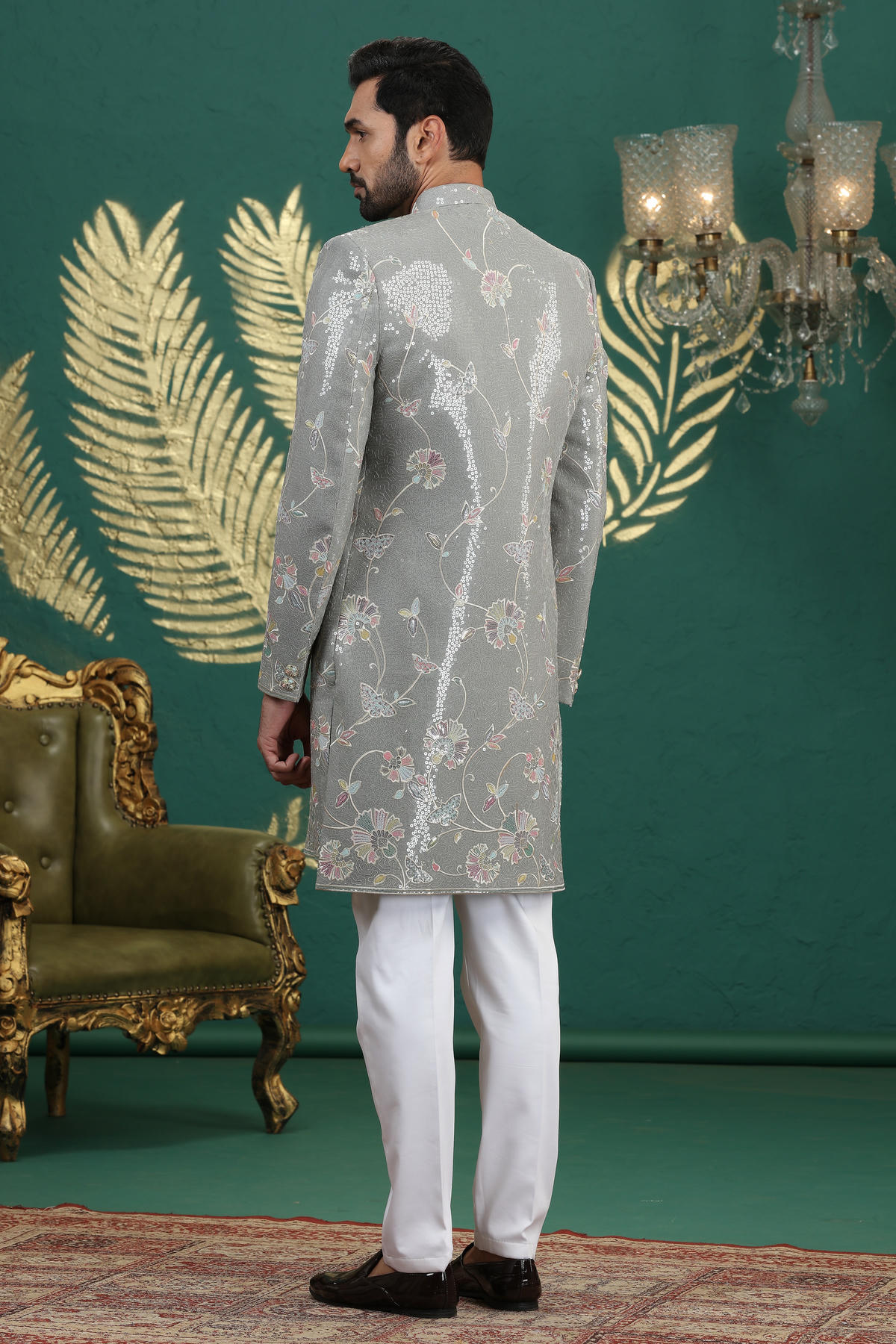 Green Colour Art Silk Embroidery Work 3 Pcs Jacket Set Sherwani