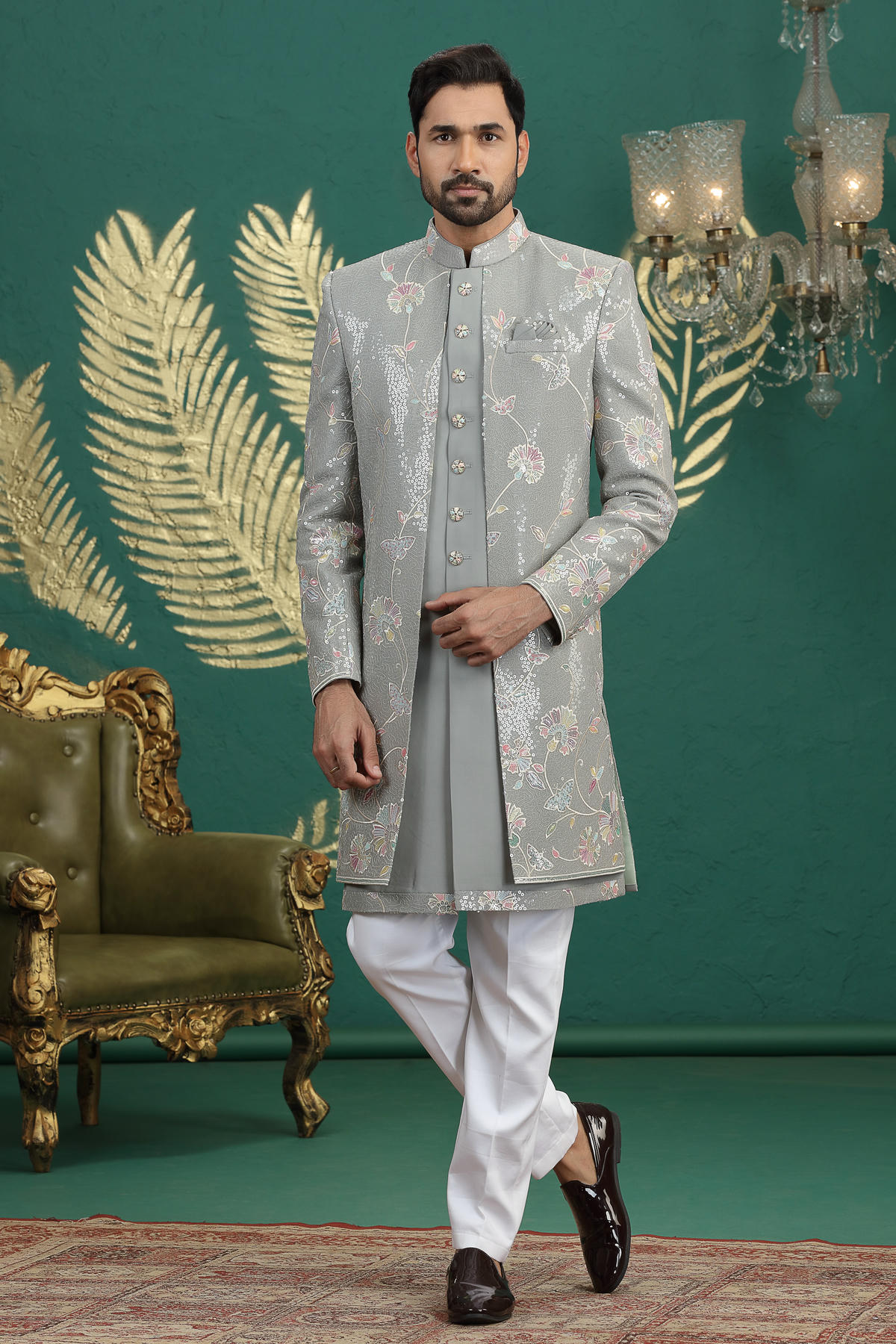 Green Colour Art Silk Embroidery Work 3 Pcs Jacket Set Sherwani