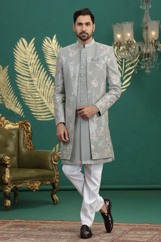 Green Colour Art Silk Embroidery Work 3 Pcs Jacket Set Sherwani