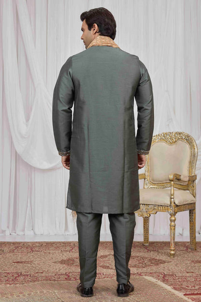 Green Colour Art Silk Embroidery Work Kurta Pajama With Dupatta