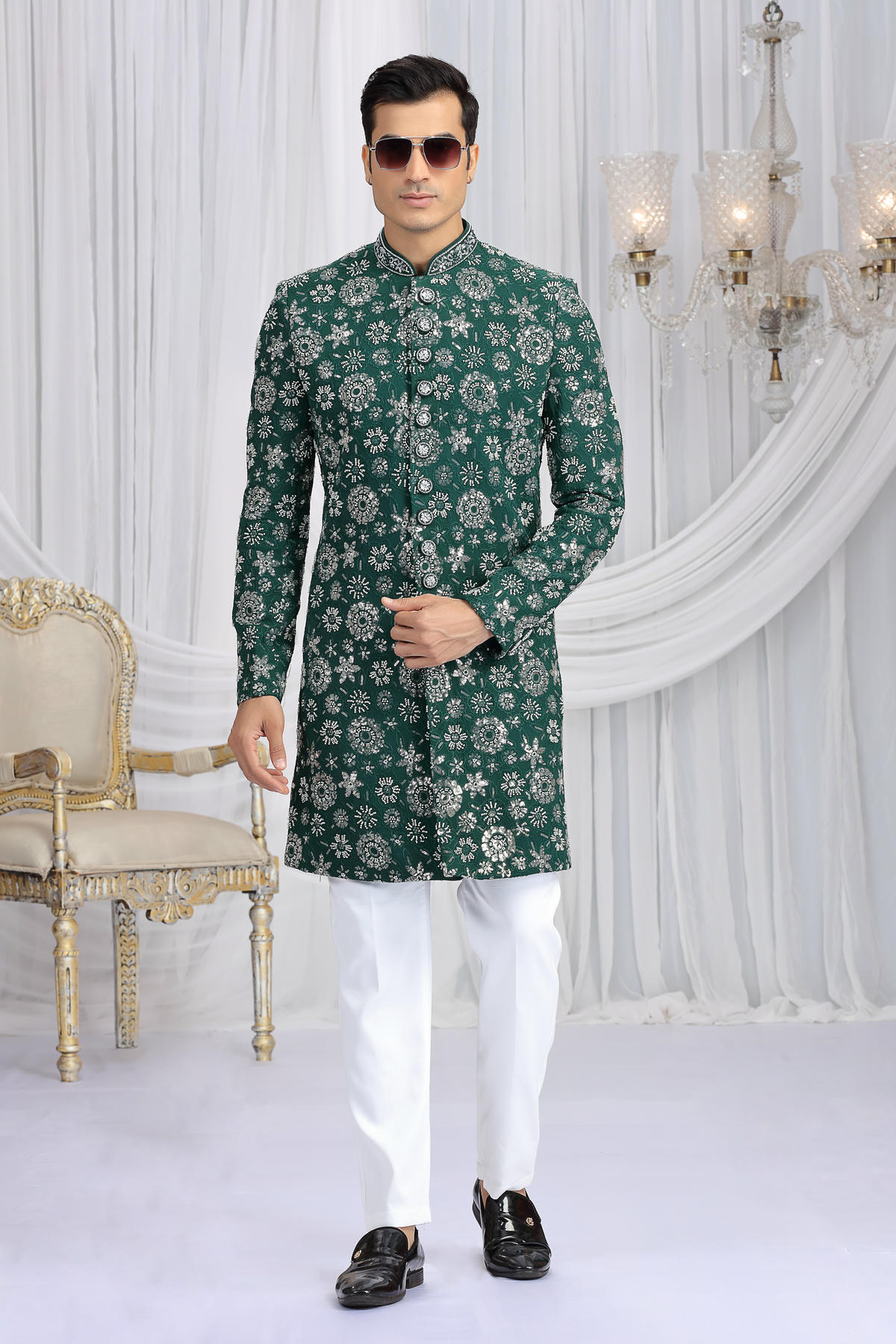 Green Colour Art Silk Embroidery Work Sherwani