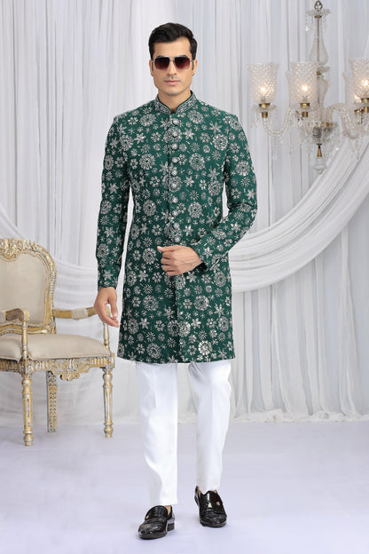 Green Colour Art Silk Embroidery Work Sherwani