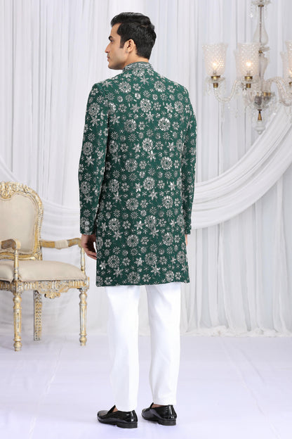 Green Colour Art Silk Embroidery Work Sherwani