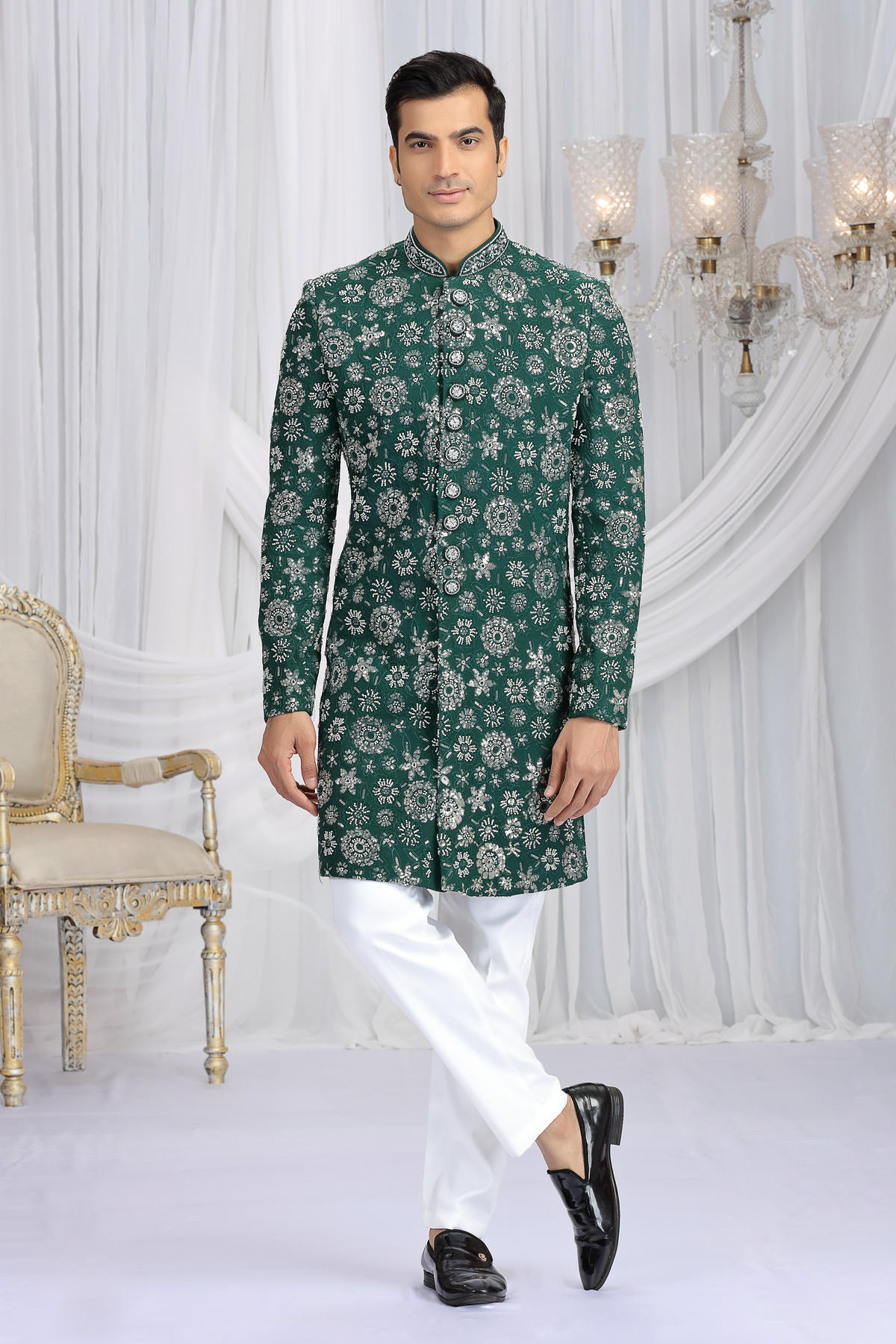 Green Colour Art Silk Embroidery Work Sherwani
