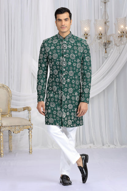 Green Colour Art Silk Embroidery Work Sherwani