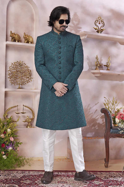 Green Colour Art Silk Embroidery Work Sherwani