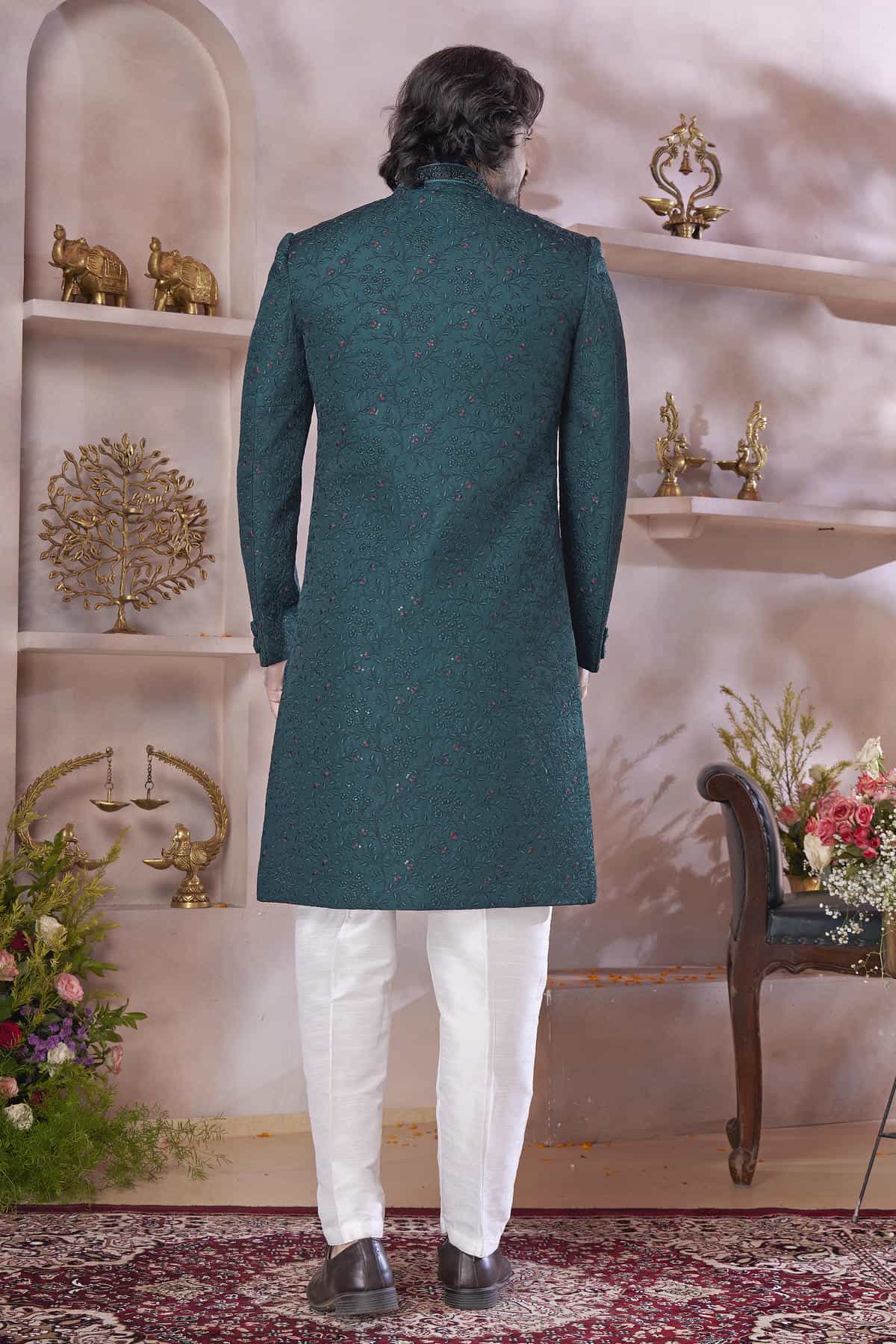 Green Colour Art Silk Embroidery Work Sherwani