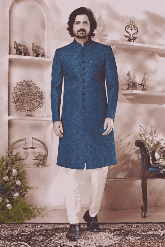 Green Colour Art Silk Embroidery Work Sherwani