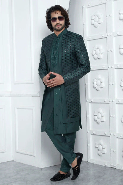 Green Colour Art Silk Indowestern Sherwani With Aligadhi Pant SH1230016 A