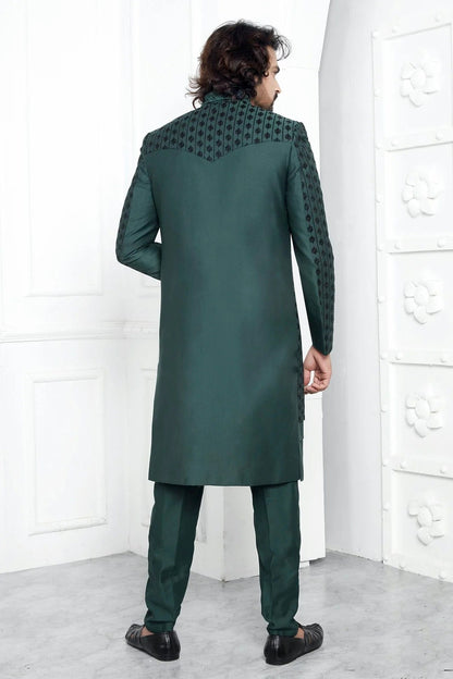 Green Colour Art Silk Indowestern Sherwani With Aligadhi Pant SH1230016 B