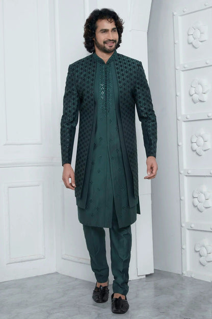 Green Colour Art Silk Indowestern Sherwani With Aligadhi Pant SH1230016