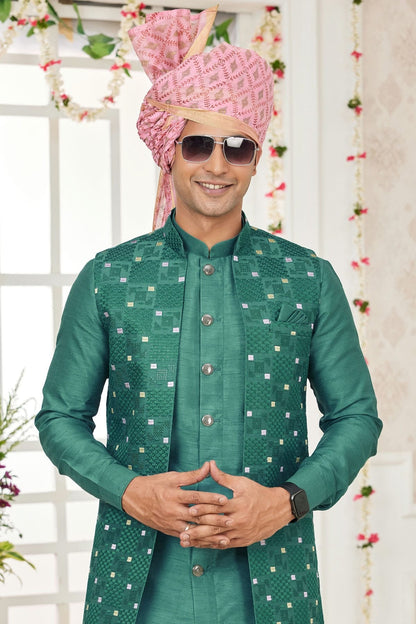 Green Colour Art Silk Kurta Pajama With Jacket KP1230268 B