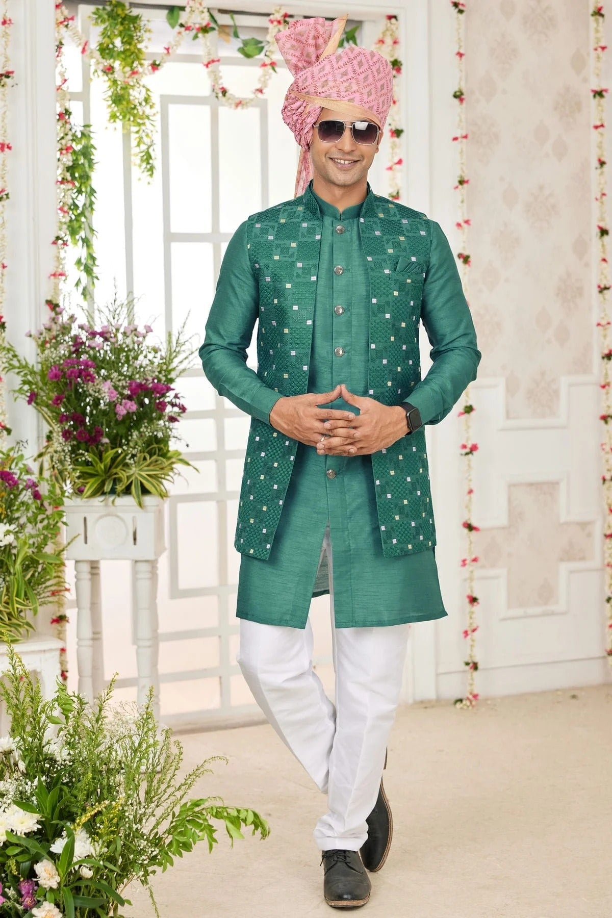 Green Colour Art Silk Kurta Pajama With Jacket KP1230268