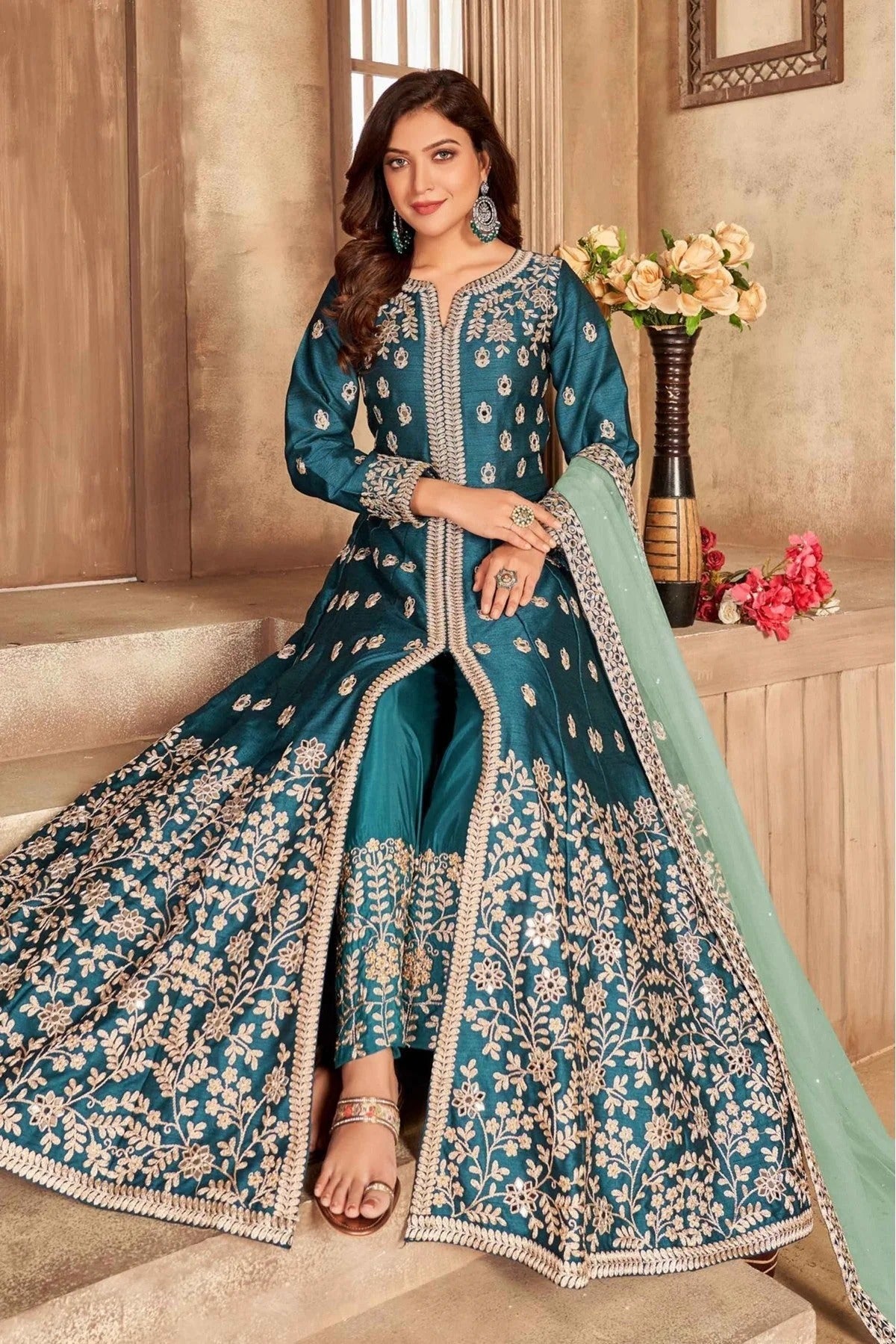 Green Colour Art Silk Pant Style Suit SM1050096