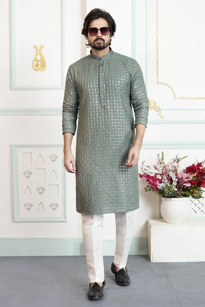Green Colour Art Silk Pintux Work Kurta Pajama