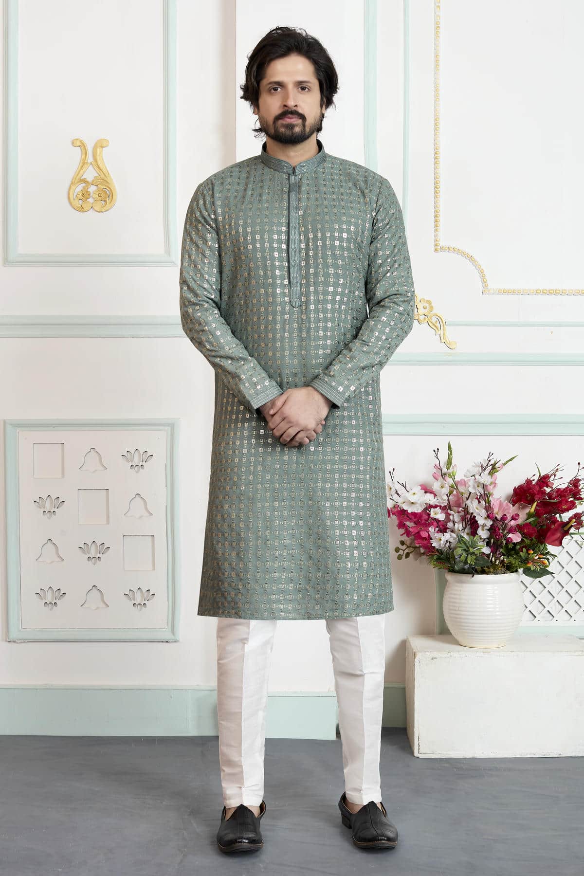 Green Colour Art Silk Pintux Work Kurta Pajama